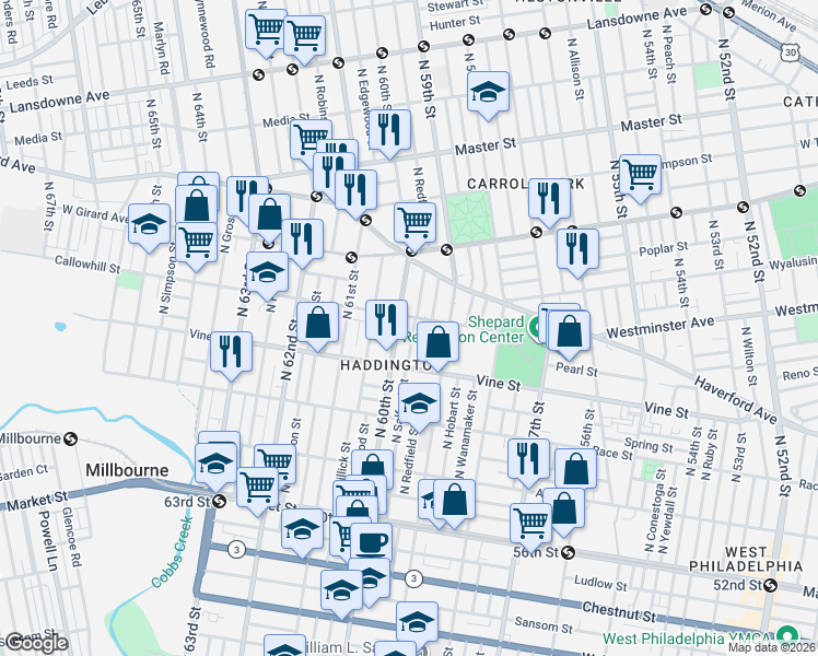 map of restaurants, bars, coffee shops, grocery stores, and more near 346 North Redfield Street in Philadelphia