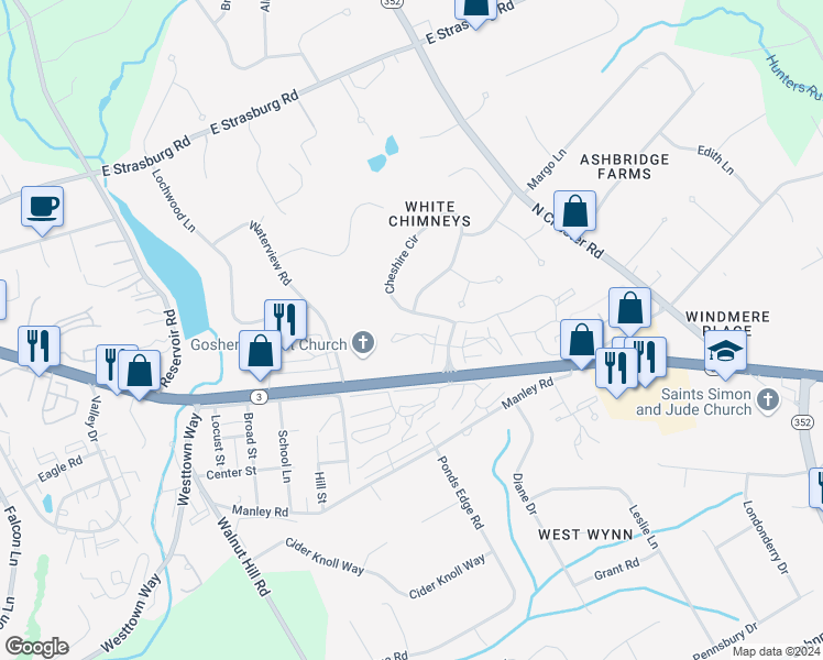 map of restaurants, bars, coffee shops, grocery stores, and more near 12 Harrison Road East in West Chester