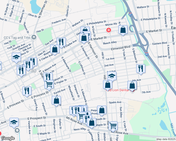 map of restaurants, bars, coffee shops, grocery stores, and more near 1138 East Poplar Street in York