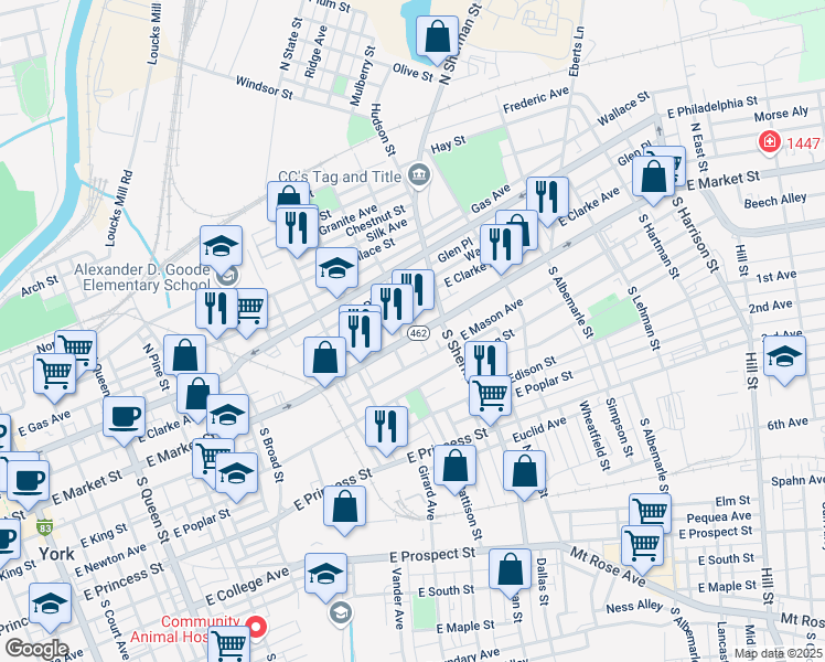 map of restaurants, bars, coffee shops, grocery stores, and more near 700 Pennsylvania 462 in York