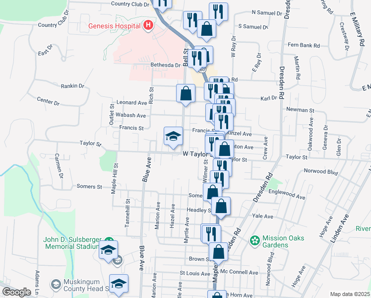 map of restaurants, bars, coffee shops, grocery stores, and more near 808 Taylor Street in Zanesville
