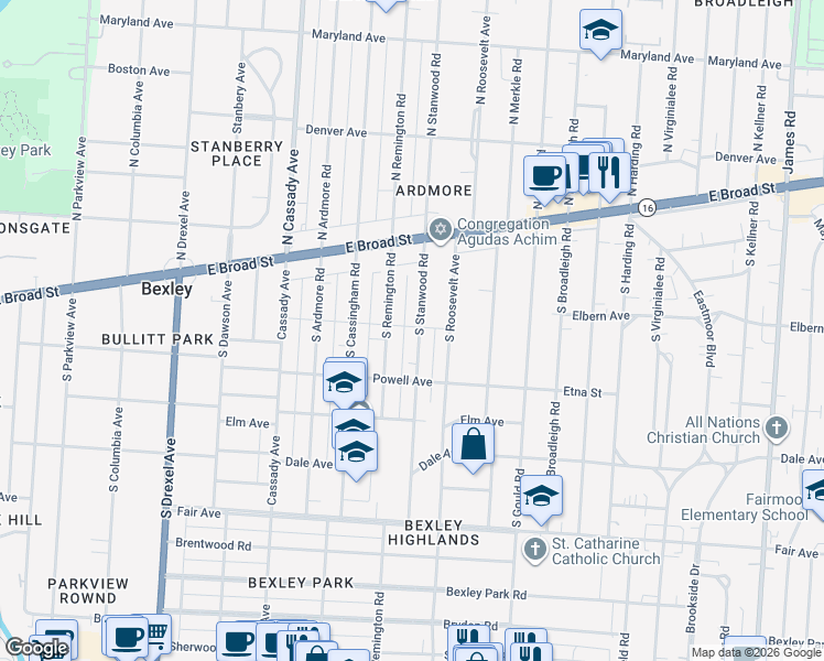 map of restaurants, bars, coffee shops, grocery stores, and more near 140 South Stanwood Road in Columbus