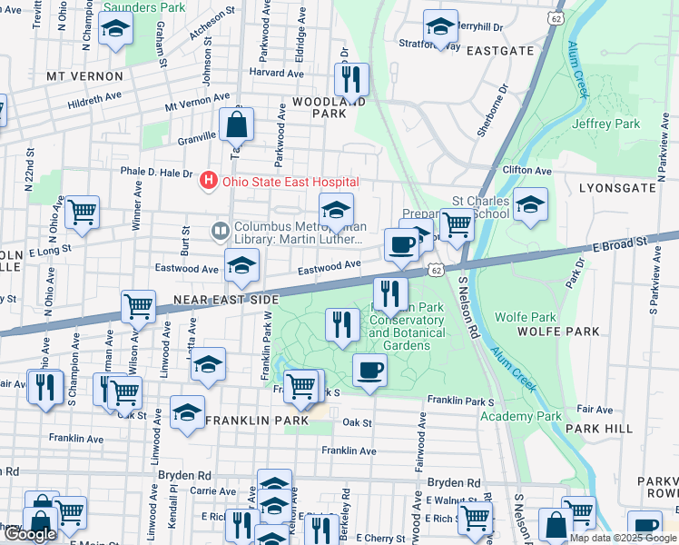 map of restaurants, bars, coffee shops, grocery stores, and more near 1688 East Broad Street in Columbus
