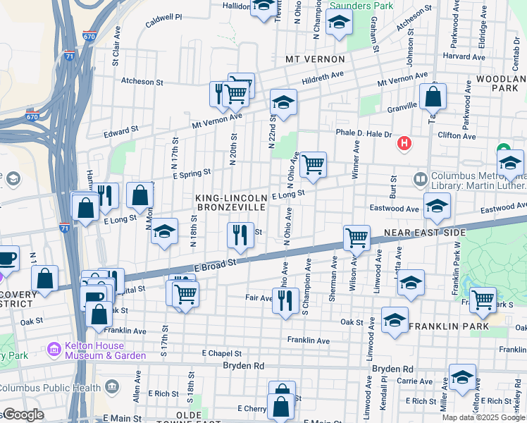 map of restaurants, bars, coffee shops, grocery stores, and more near 88 North 22nd Street in Columbus