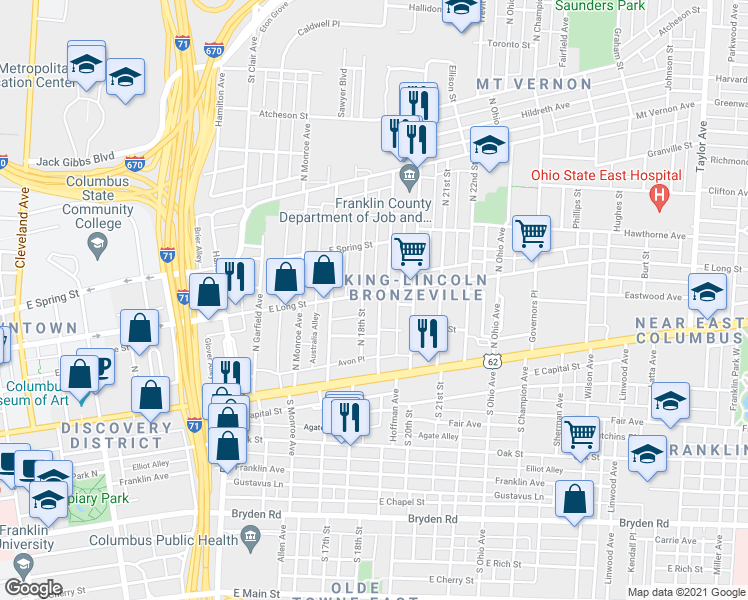 map of restaurants, bars, coffee shops, grocery stores, and more near 101 Miami Avenue in Columbus