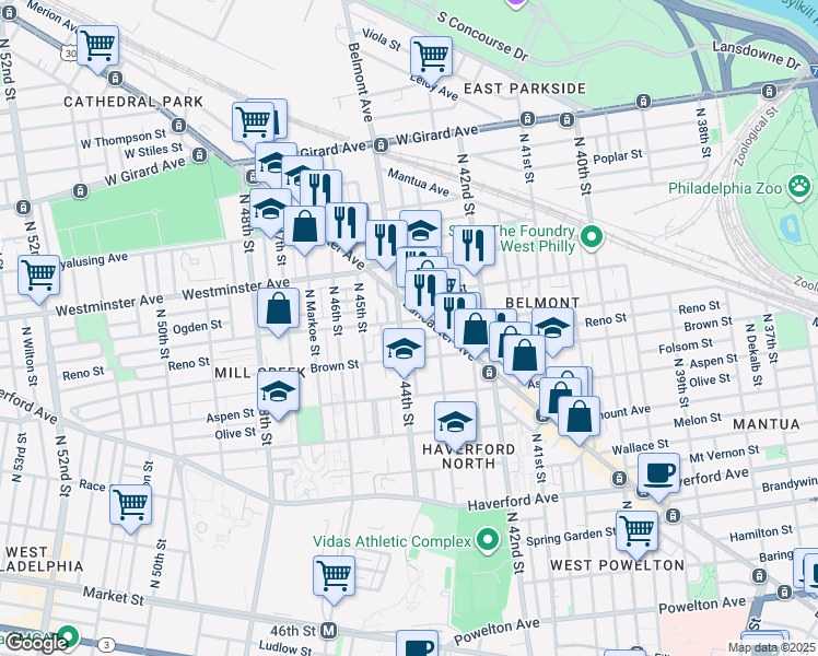 map of restaurants, bars, coffee shops, grocery stores, and more near 4336 Parrish Street in Philadelphia