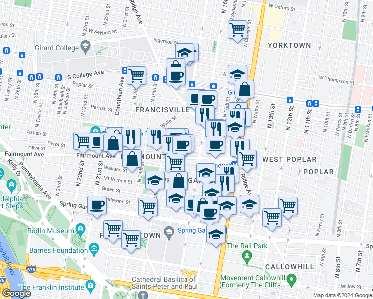 map of restaurants, bars, coffee shops, grocery stores, and more near 711 North 17th Street in Philadelphia