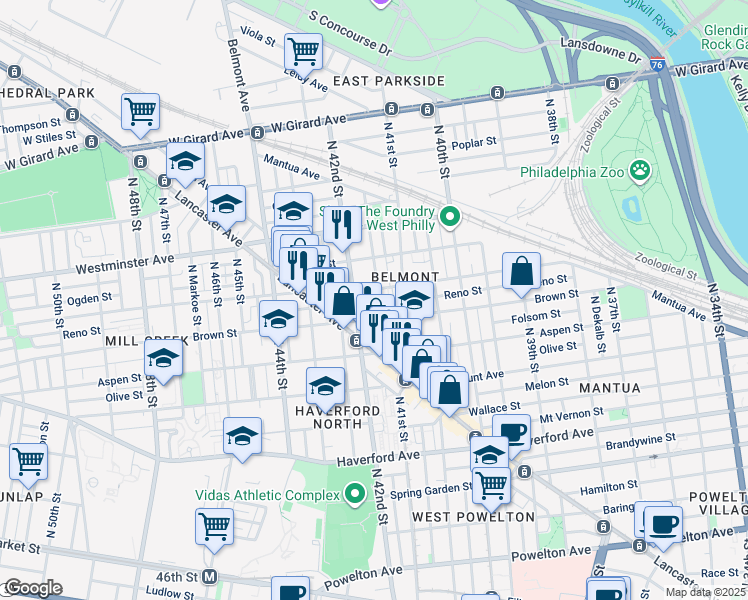 map of restaurants, bars, coffee shops, grocery stores, and more near 822 North Holly Street in Philadelphia