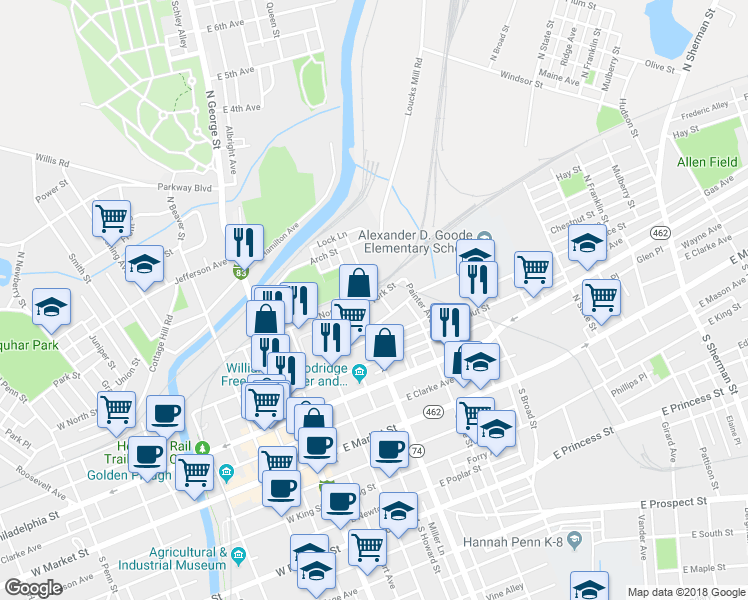map of restaurants, bars, coffee shops, grocery stores, and more near 219 York Street in York