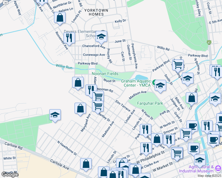 map of restaurants, bars, coffee shops, grocery stores, and more near 751 Noonan Road in York