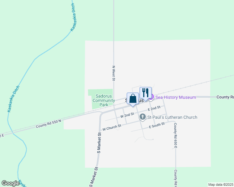 map of restaurants, bars, coffee shops, grocery stores, and more near 114 North Front Street in Sadorus