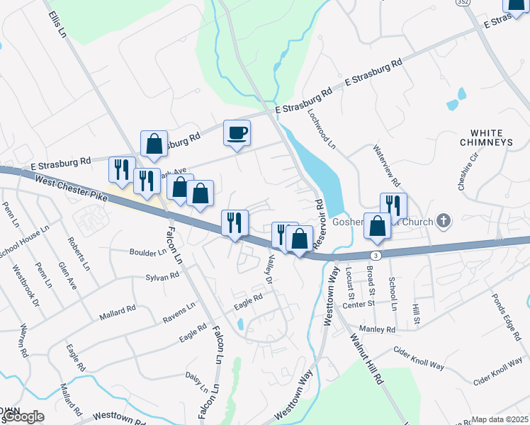 map of restaurants, bars, coffee shops, grocery stores, and more near 44 Mary Fran Drive in West Chester