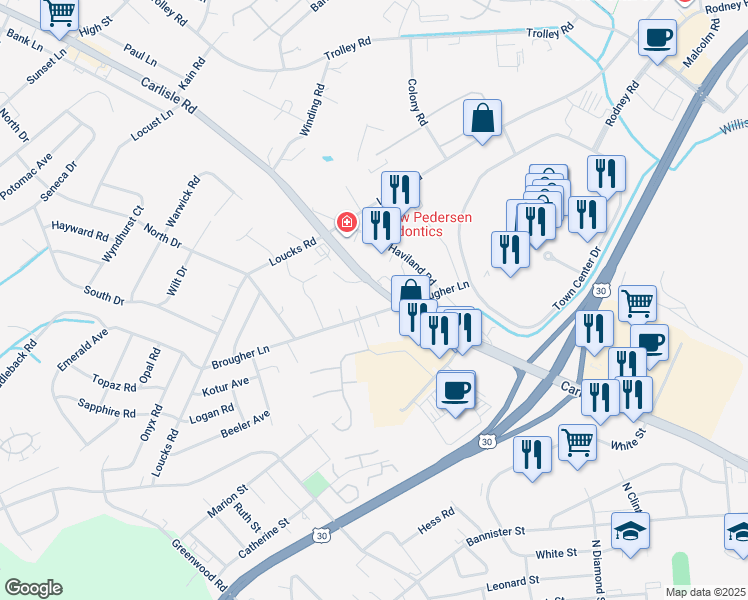 map of restaurants, bars, coffee shops, grocery stores, and more near 2229 Brougher Lane in York