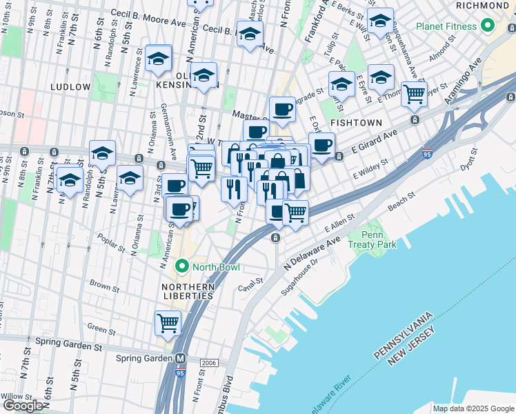 map of restaurants, bars, coffee shops, grocery stores, and more near 1123 Leopard Street in Philadelphia