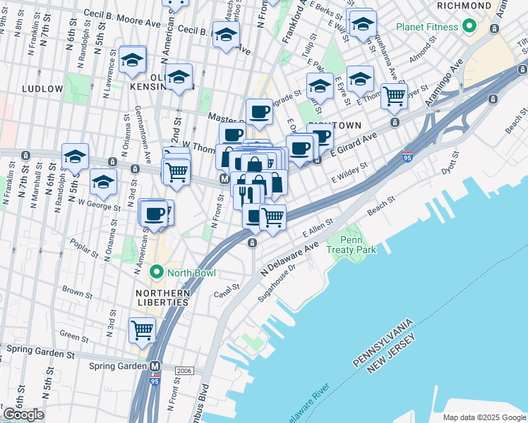 map of restaurants, bars, coffee shops, grocery stores, and more near 1101 Frankford Avenue in Philadelphia