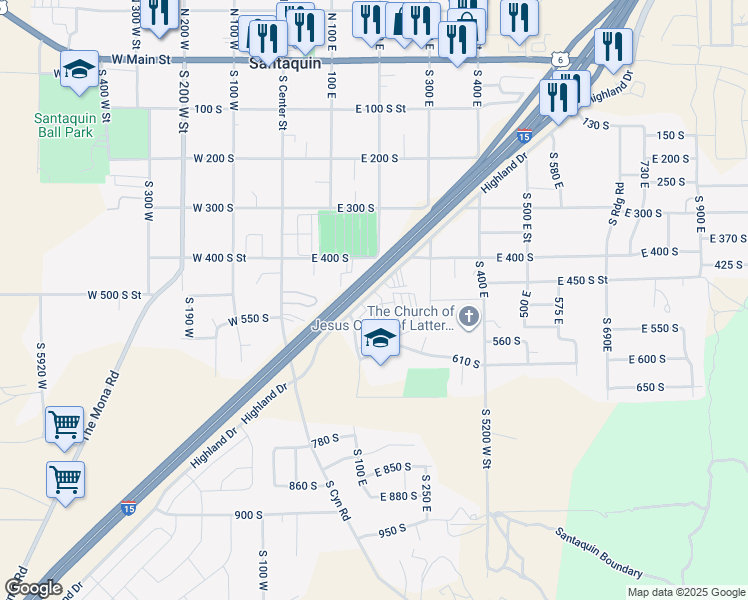 map of restaurants, bars, coffee shops, grocery stores, and more near 540 Highland Drive in Santaquin