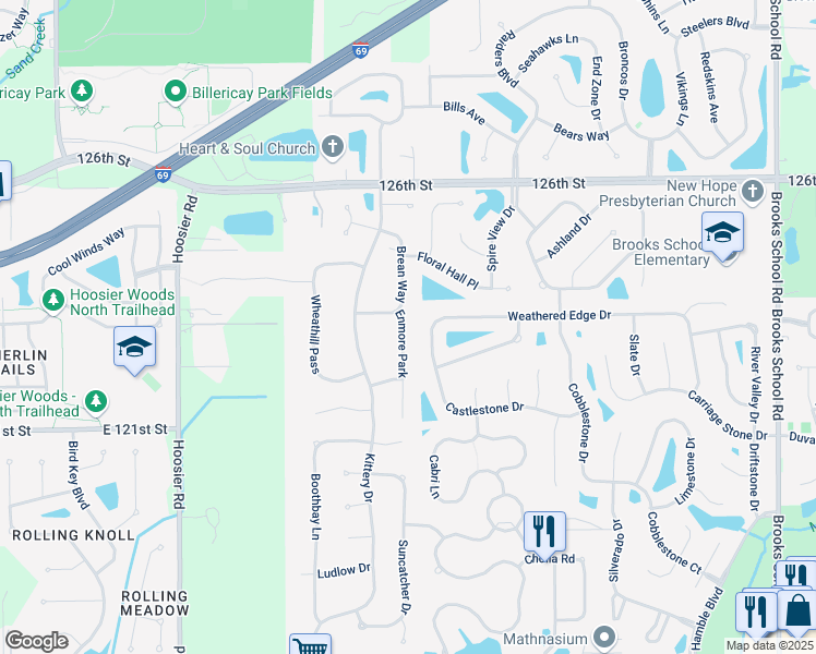 map of restaurants, bars, coffee shops, grocery stores, and more near 12311 Enmore Park in Fishers