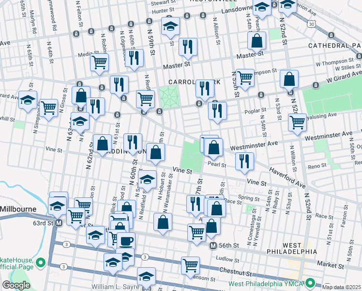 map of restaurants, bars, coffee shops, grocery stores, and more near 400 North 58th Street in Philadelphia