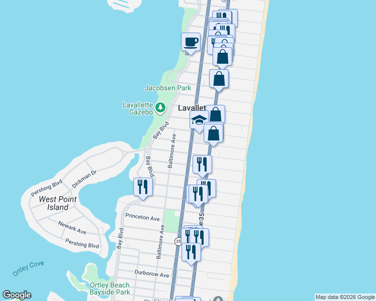 map of restaurants, bars, coffee shops, grocery stores, and more near 113 New Brunswick Avenue in Lavallette