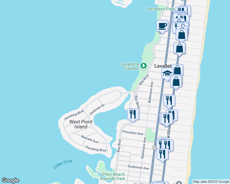 map of restaurants, bars, coffee shops, grocery stores, and more near 16 Pershing Boulevard in Lavallette