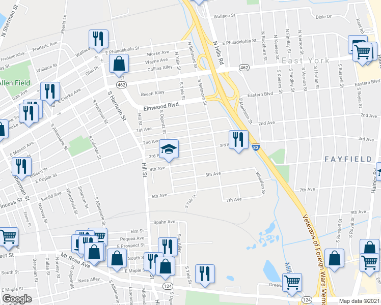 map of restaurants, bars, coffee shops, grocery stores, and more near 1538 3rd Avenue in York