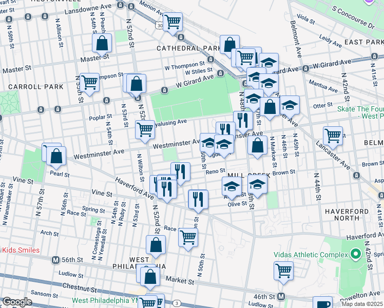 map of restaurants, bars, coffee shops, grocery stores, and more near 881 North Farson Street in Philadelphia