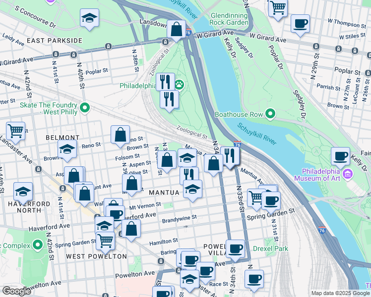 map of restaurants, bars, coffee shops, grocery stores, and more near 3542 Mantua Avenue in Philadelphia