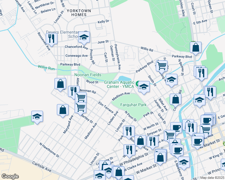 map of restaurants, bars, coffee shops, grocery stores, and more near 332 Pennsylvania Ave in York