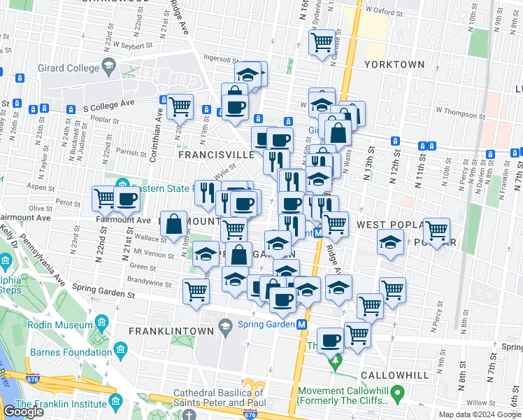 map of restaurants, bars, coffee shops, grocery stores, and more near 1610 Swain Street in Philadelphia