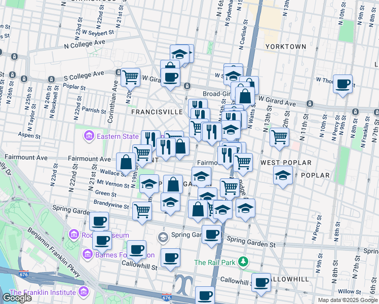 map of restaurants, bars, coffee shops, grocery stores, and more near 1610 Swain Street in Philadelphia