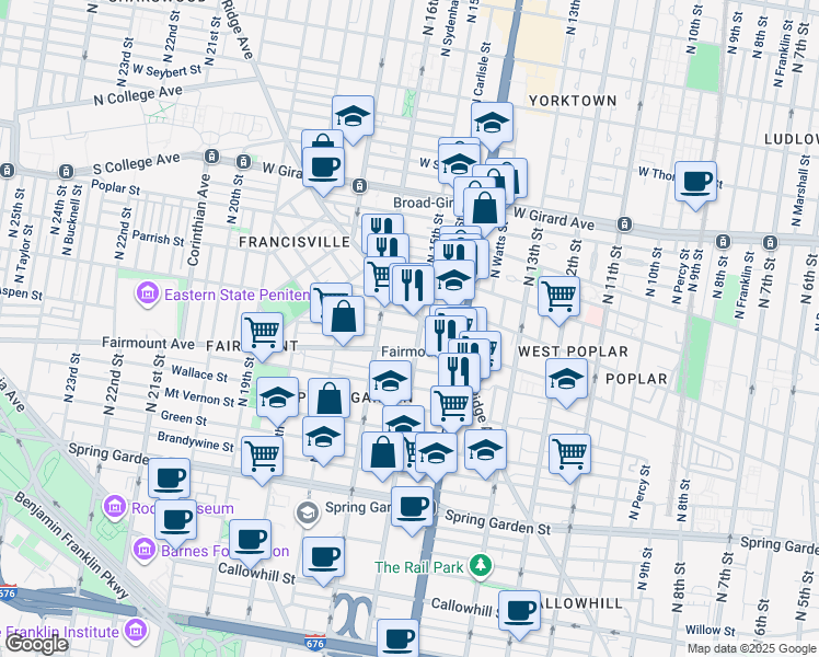 map of restaurants, bars, coffee shops, grocery stores, and more near 1511 Swain Street in Philadelphia