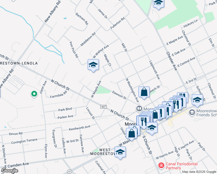 map of restaurants, bars, coffee shops, grocery stores, and more near 511 Dawson Street in Moorestown