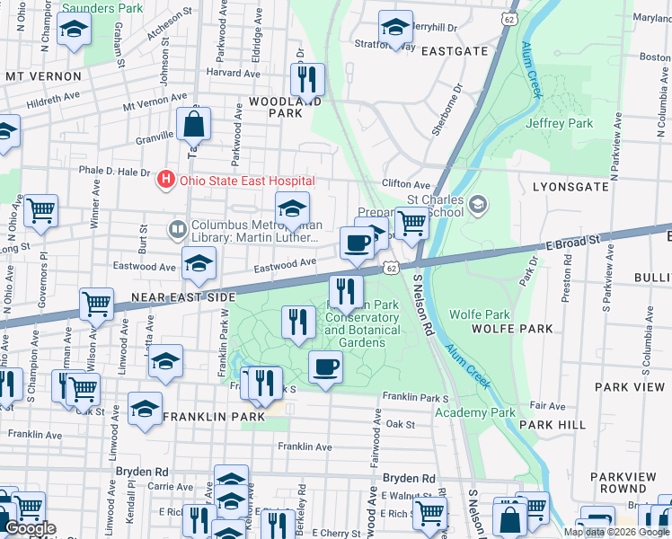 map of restaurants, bars, coffee shops, grocery stores, and more near in Columbus