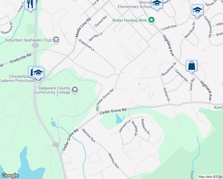 map of restaurants, bars, coffee shops, grocery stores, and more near 2654 Old Cedar Grove Road in Broomall