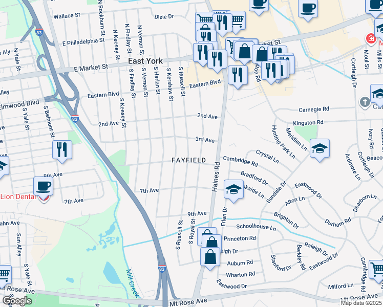 map of restaurants, bars, coffee shops, grocery stores, and more near 341 South Russell Street in East York