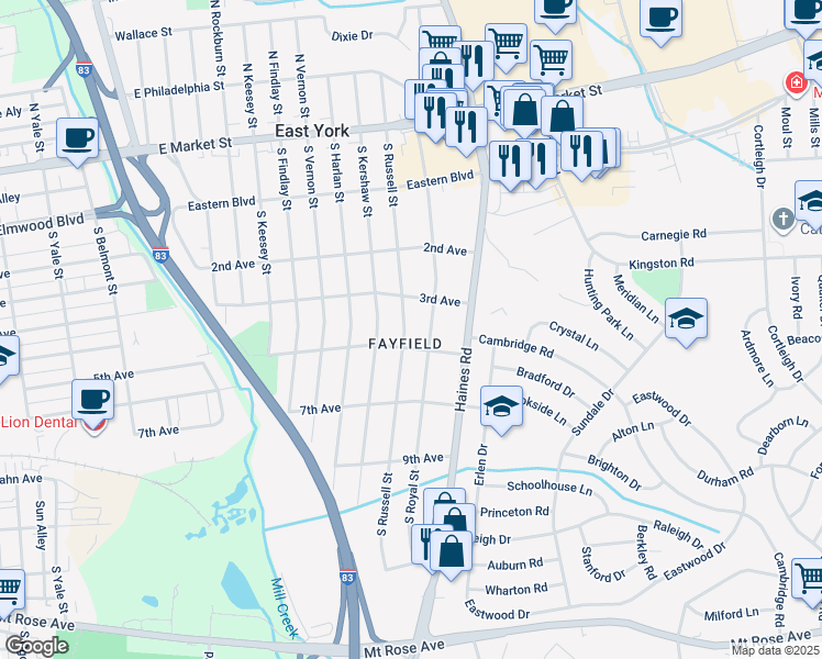 map of restaurants, bars, coffee shops, grocery stores, and more near 341 South Russell Street in East York