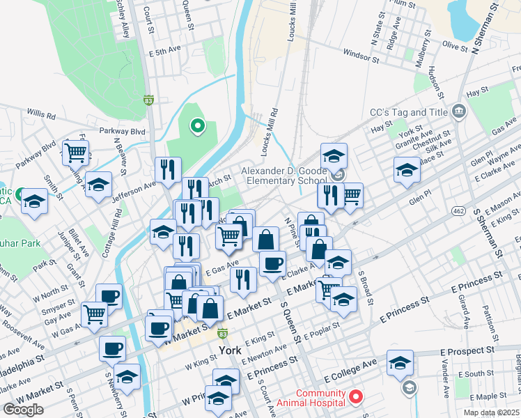 map of restaurants, bars, coffee shops, grocery stores, and more near 210 York Street in York