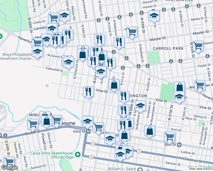 map of restaurants, bars, coffee shops, grocery stores, and more near 328 North 62nd Street in Philadelphia