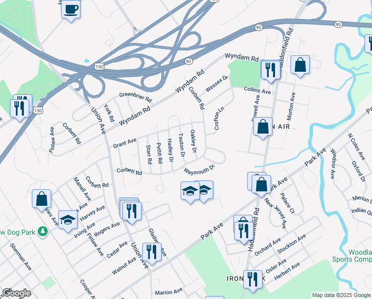 map of restaurants, bars, coffee shops, grocery stores, and more near 2616 Tauton Drive in Pennsauken Township