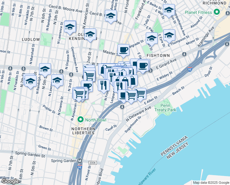 map of restaurants, bars, coffee shops, grocery stores, and more near 1125 Leopard Street in Philadelphia