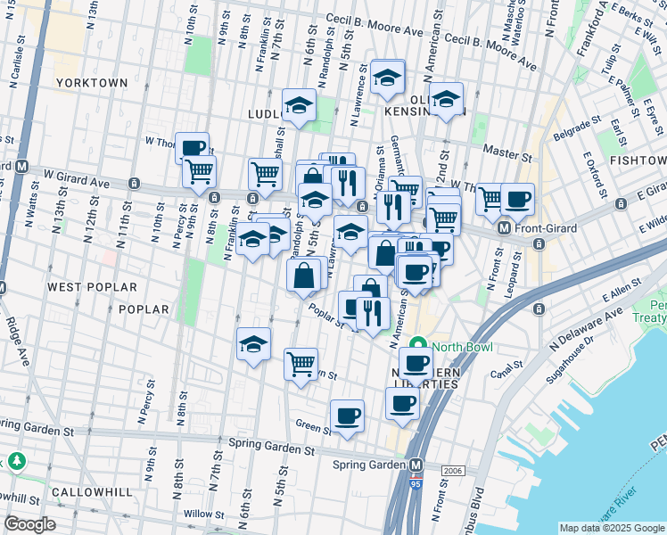 map of restaurants, bars, coffee shops, grocery stores, and more near 971 North Lawrence Street in Philadelphia