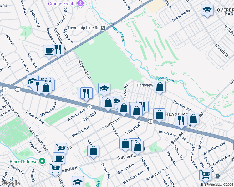 map of restaurants, bars, coffee shops, grocery stores, and more near 129 Academy Lane in Upper Darby