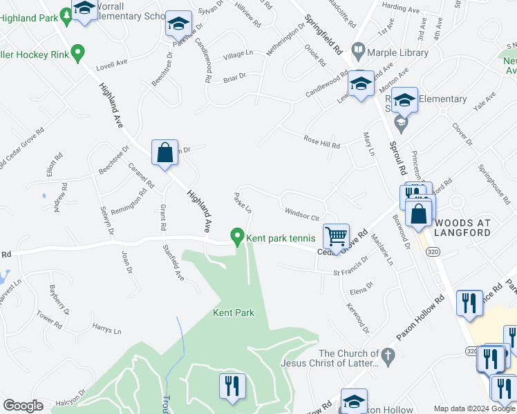 map of restaurants, bars, coffee shops, grocery stores, and more near 2509 Parke Ln in Broomall