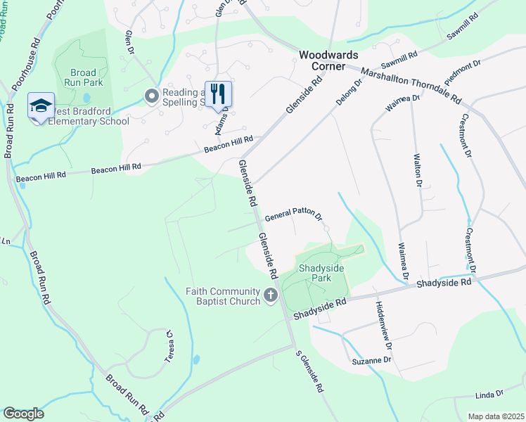 map of restaurants, bars, coffee shops, grocery stores, and more near 1497 Glenside Road in Downingtown