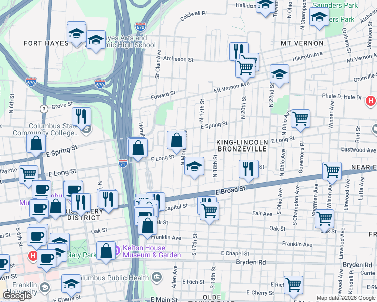 map of restaurants, bars, coffee shops, grocery stores, and more near 125 North Monroe Avenue in Columbus