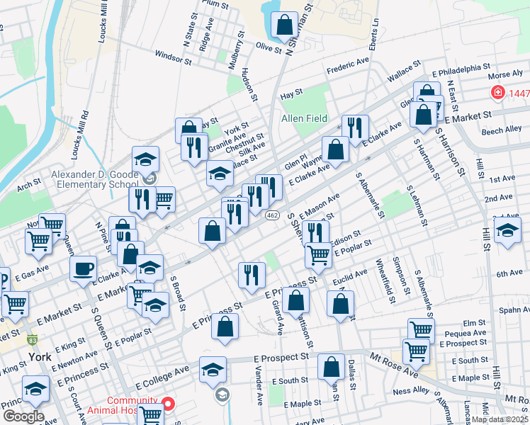 map of restaurants, bars, coffee shops, grocery stores, and more near 700 Pennsylvania 462 in York