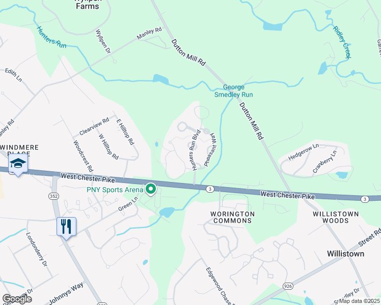 map of restaurants, bars, coffee shops, grocery stores, and more near Hunters Run Boulevard in West Chester