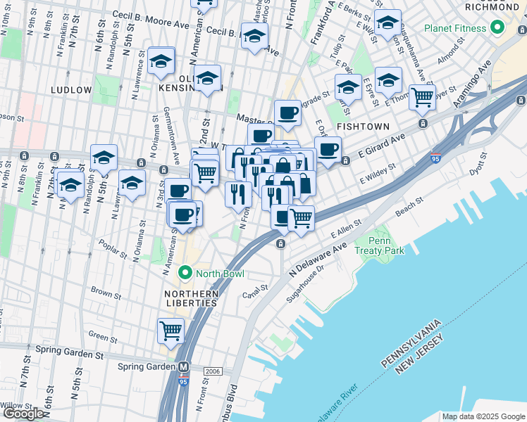 map of restaurants, bars, coffee shops, grocery stores, and more near 1125 Leopard Street in Philadelphia