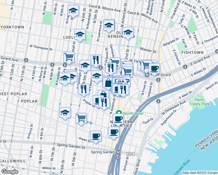 map of restaurants, bars, coffee shops, grocery stores, and more near 1101 North 3rd Street in Philadelphia
