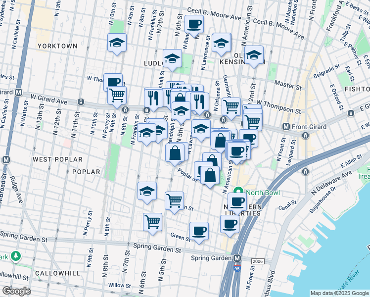 map of restaurants, bars, coffee shops, grocery stores, and more near 966 North Lawrence Street in Philadelphia